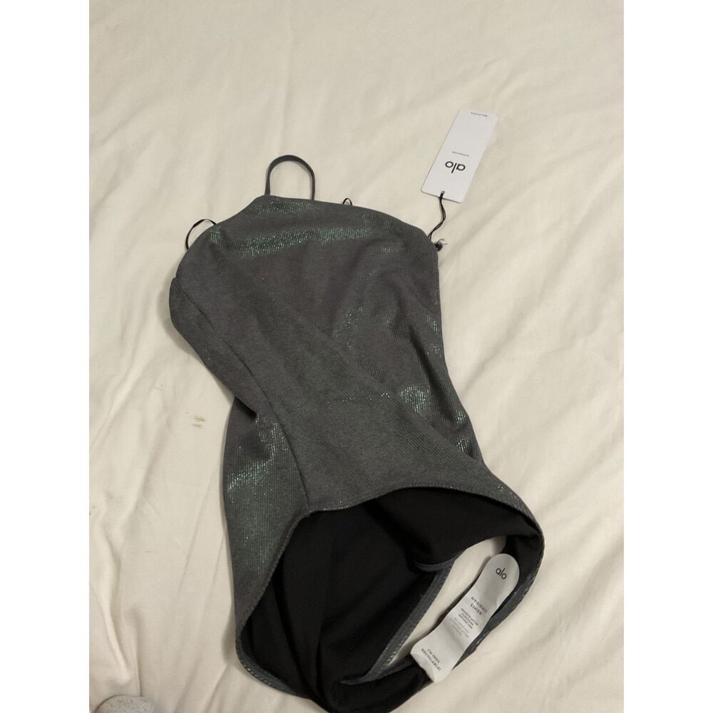 Alo Yoga Alosoft Ribbed Shimmer Bodysuit Dark Grey Iridescent Size S NWT - Picture 4 of 8